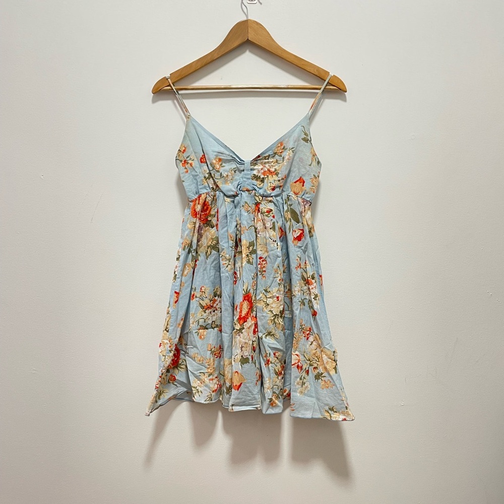 Wet Seal Vintage Blue floral babydoll dress with adjustable straps and tie front